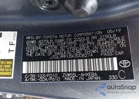 2019 Toyota Prius Le из США, поврежденный, VIN JTDL9RFU5K3008274